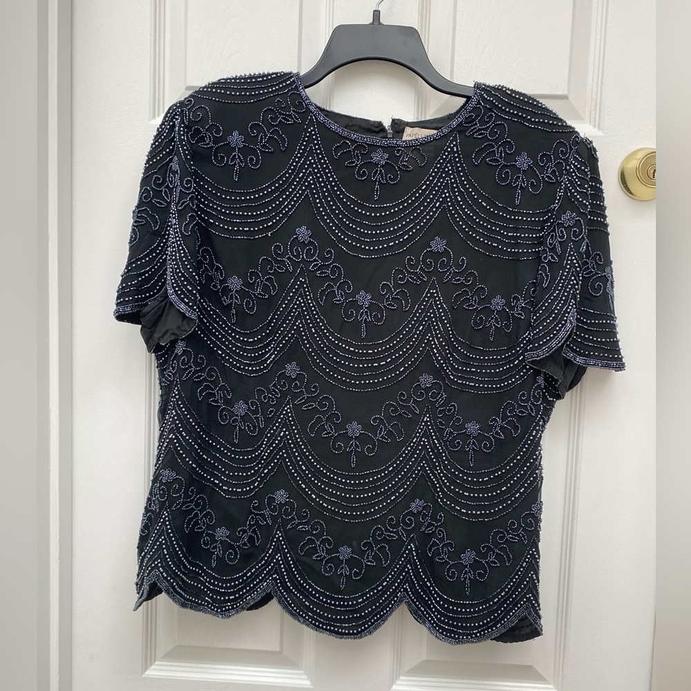 Papell Boutique Black and Purple Embroidered Blouse - Size 1X
